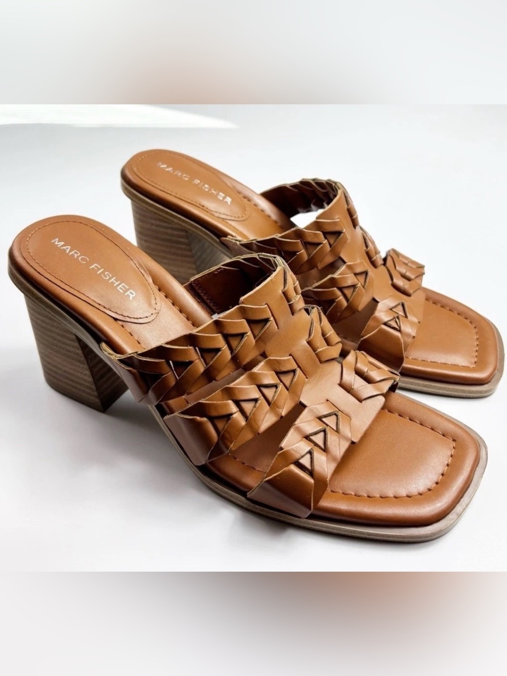Marc Fisher Brown Faux Leather Slip On Block Open Toe Heels Women Size 9M